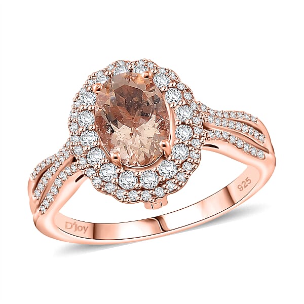 Marropino Morganite And White Zircon 1.90 Ctw Interchangeable Double Halo Ring And Pendant Necklace 18 Inches In 18K Vermeil Rose Gold Over Sterling Silver