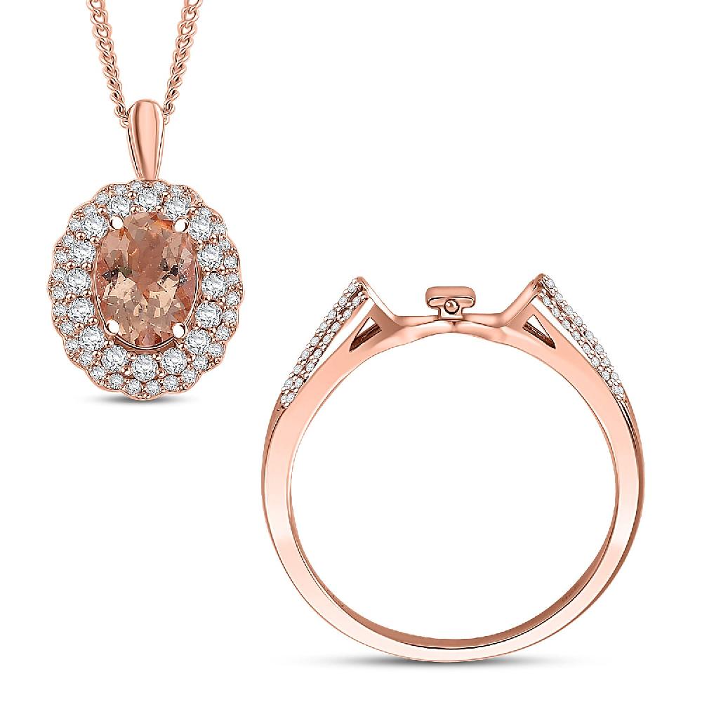 Marropino Morganite and White Zircon 1.90 ctw Interchangeable Double Halo Ring and Pendant Necklace 18 Inches in 18K Vermeil Rose Gold Over Sterling Silver