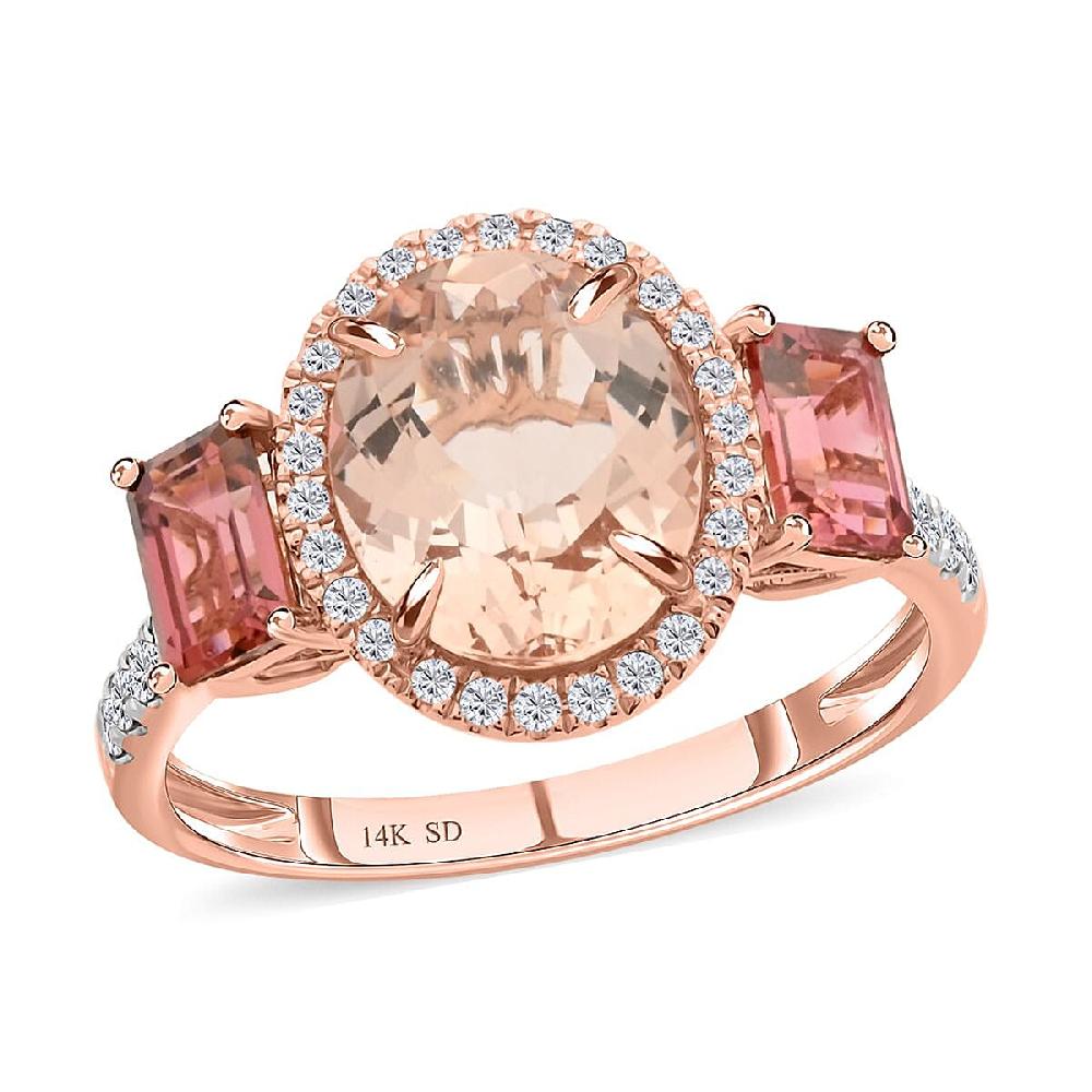 Marropino Morganite Pink Tourmaline Natural Pink and White Diamond 4.50 ctw Ring in 14K Rose Gold