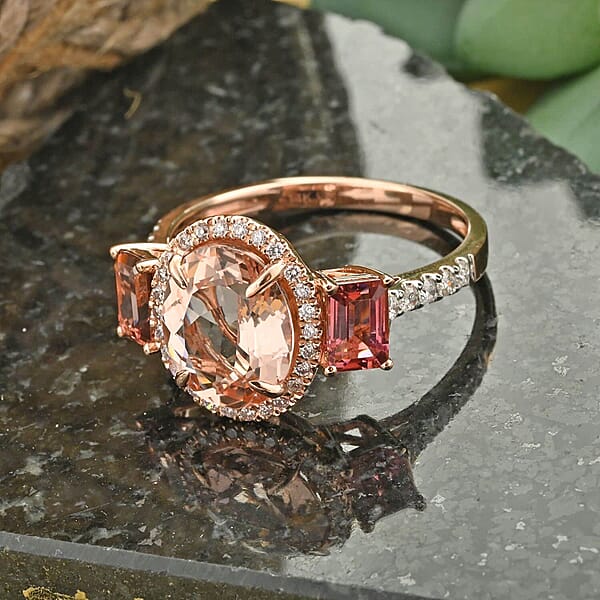 Marropino Morganite Pink Tourmaline Natural Pink And White Diamond 4.50 Ctw Ring In 14K Rose Gold