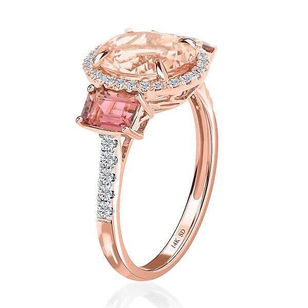 Marropino Morganite Pink Tourmaline Natural Pink And White Diamond 4.50 Ctw Ring In 14K Rose Gold