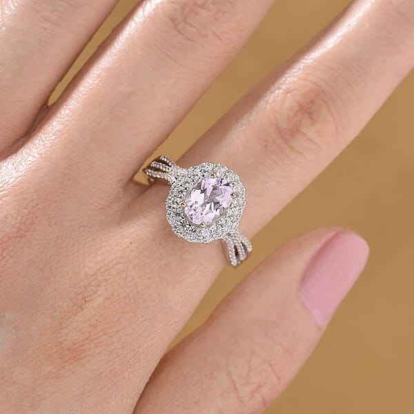 Martha Rocha Kunzite And White Zircon 2.55 Ctw Interchangeable Double Halo Ring Pendant Necklace (18 Inches) In 18K Vermeil RG And Rhodium Over Sterling Silver