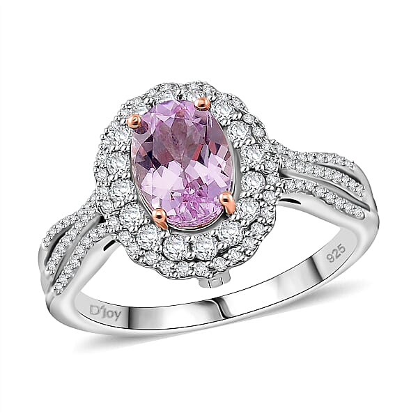 Martha Rocha Kunzite And White Zircon 2.55 Ctw Interchangeable Double Halo Ring Pendant Necklace (18 Inches) In 18K Vermeil RG And Rhodium Over Sterling Silver