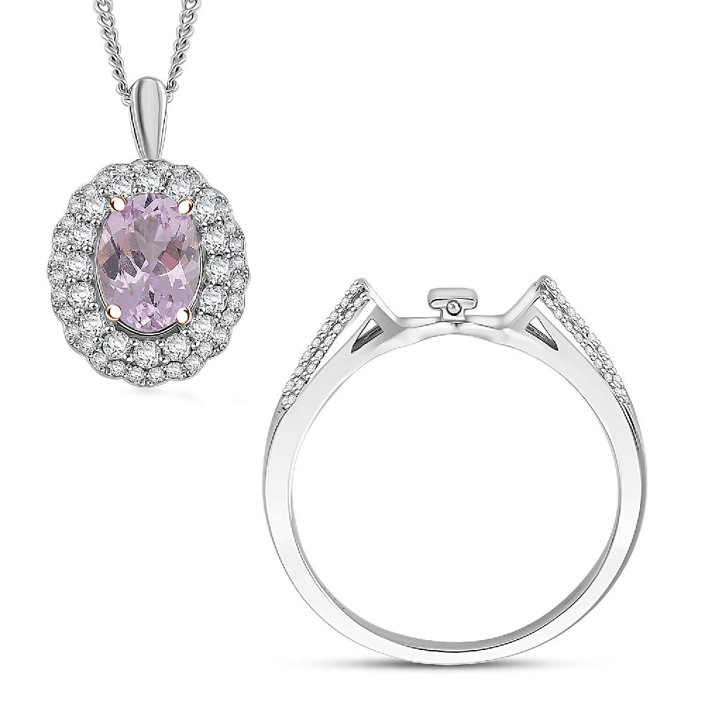 Martha Rocha Kunzite and White Zircon 2.55 ctw Interchangeable Double Halo Ring Pendant Necklace (18 Inches) in 18K Vermeil RG and Rhodium Over Sterling Silver