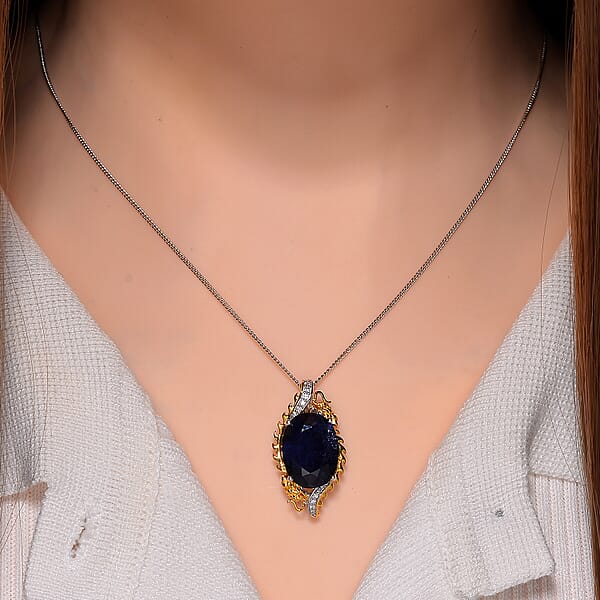 Masoala Sapphire (D) And Moissanite 14.50 Ctw Double Dragon Pendant Necklace In 18K Vermeil YG And Rhodium Sterling Silver 18 Inches