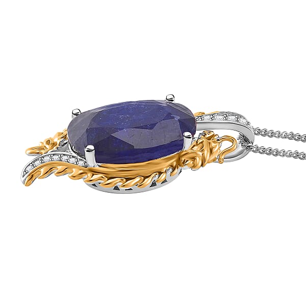 Masoala Sapphire (D) And Moissanite 14.50 Ctw Double Dragon Pendant Necklace In 18K Vermeil YG And Rhodium Sterling Silver 18 Inches