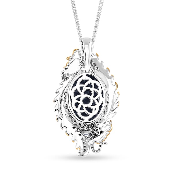 Masoala Sapphire (D) And Moissanite 14.50 Ctw Double Dragon Pendant Necklace In 18K Vermeil YG And Rhodium Sterling Silver 18 Inches