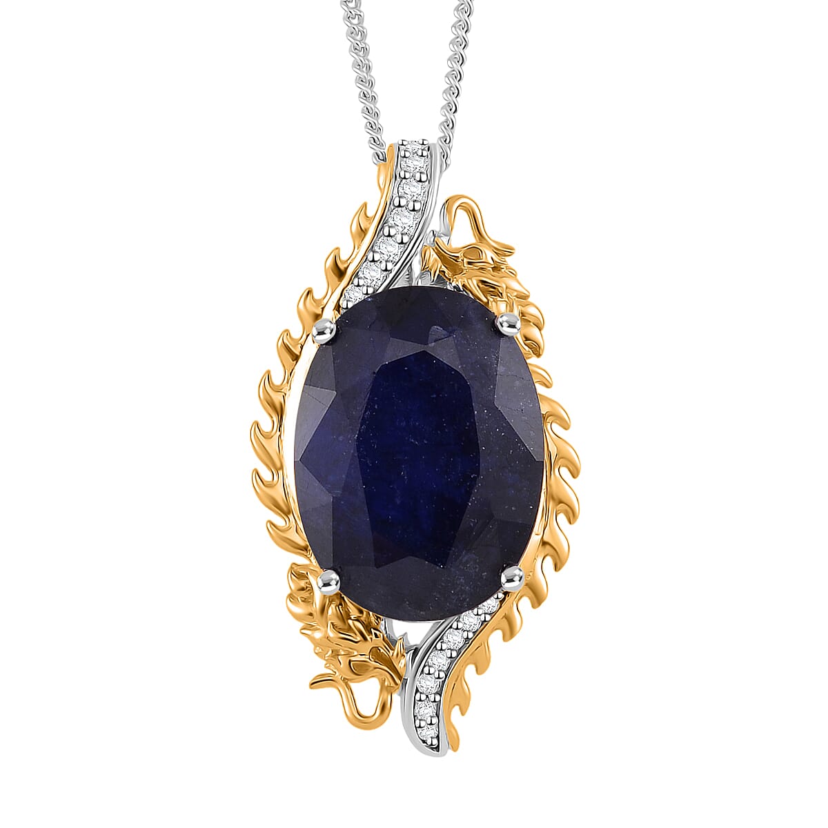 Masoala Sapphire (D) and Moissanite 14.50 ctw Double Dragon Pendant Necklace in 18K Vermeil YG and Rhodium Sterling Silver 18 Inches