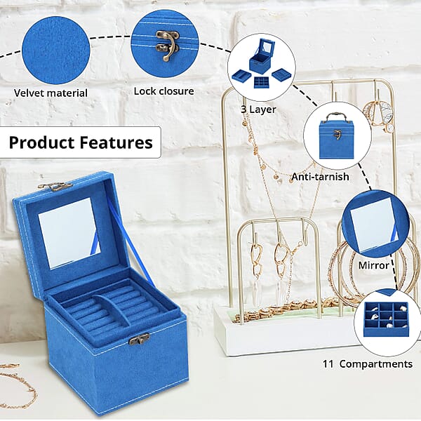 MEGA DEAL Blue Velvet Three Layer Jewelry Box With Mirror Handle & Lock