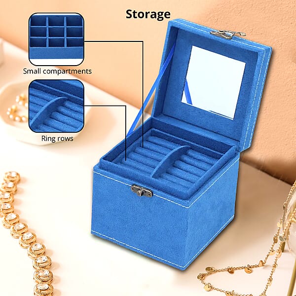 MEGA DEAL Blue Velvet Three Layer Jewelry Box With Mirror Handle & Lock