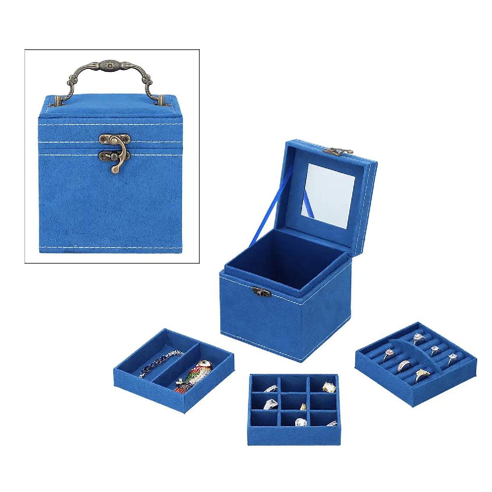MEGA DEAL Blue Velvet Three Layer Jewelry Box with Mirror Handle & Lock