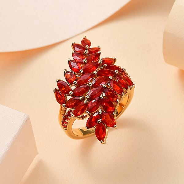 Mexican Cherry Fire Opal 2.65 Ctw Bypass Fern Leaf Ring In 18K Vermeil Yellow Gold Over Sterling Silver