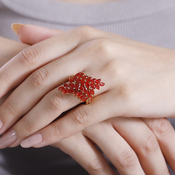 Mexican Cherry Fire Opal 2.65 Ctw Bypass Fern Leaf Ring In 18K Vermeil Yellow Gold Over Sterling Silver