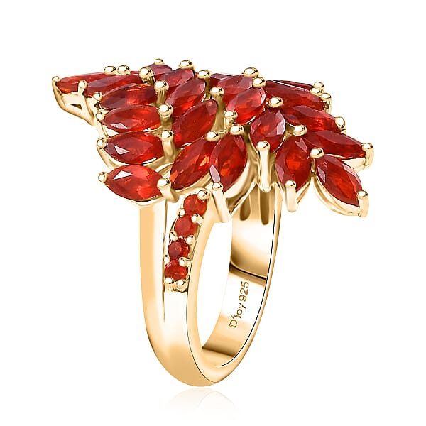 Mexican Cherry Fire Opal 2.65 Ctw Bypass Fern Leaf Ring In 18K Vermeil Yellow Gold Over Sterling Silver