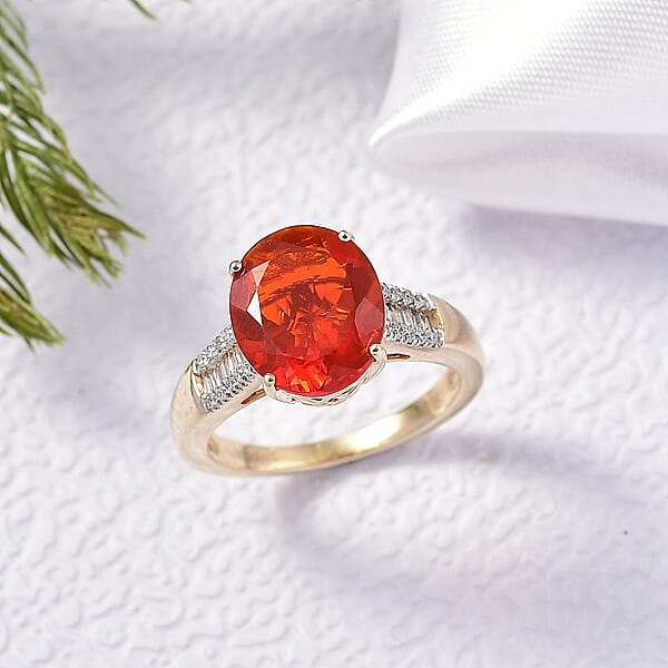 Mexican Cherry Fire Opal And Luxuriant Lab G1rown Diamond E-F VS 3.20 Ctw Ring In 10K Yellow Gold