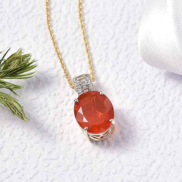 Mexican Cherry Fire Opal And Luxuriant Lab Grown Diamond E-F VS 2.40 Ctw Pendant Necklace In 10K Yellow Gold 20 Inches