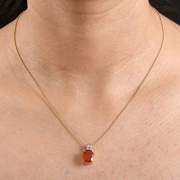 Mexican Cherry Fire Opal And Luxuriant Lab Grown Diamond E-F VS 2.40 Ctw Pendant Necklace In 10K Yellow Gold 20 Inches