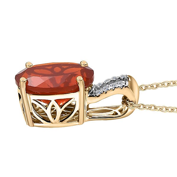 Mexican Cherry Fire Opal And Luxuriant Lab Grown Diamond E-F VS 2.40 Ctw Pendant Necklace In 10K Yellow Gold 20 Inches