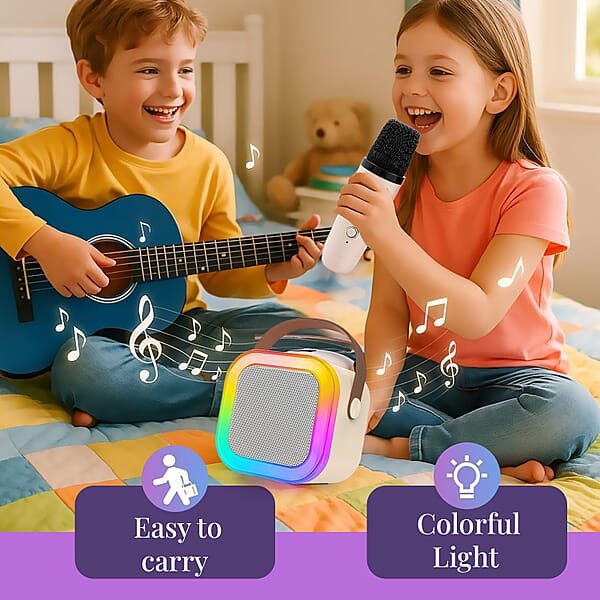 Mini Bluetooth Karaoke Speaker With Colorful LED Lights And 2pc Wireless Microphone - White