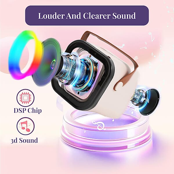 Mini Bluetooth Karaoke Speaker With Colorful LED Lights And 2pc Wireless Microphone - White