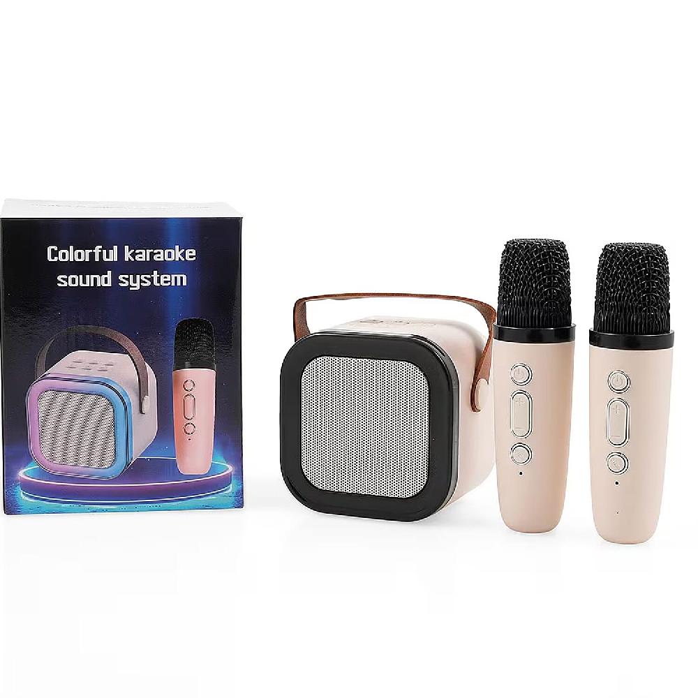Mini Bluetooth Karaoke Speaker With Colorful LED Lights And 2pc Wireless Microphone - White