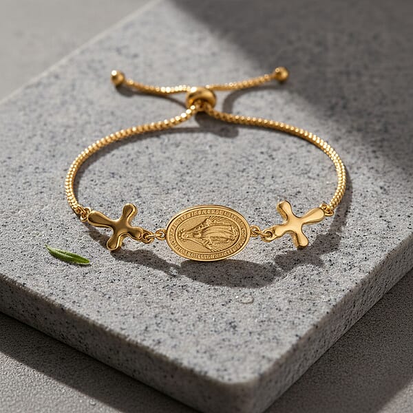Miraculous Medal Bolo Bracelet With Cross Charm In ION Plated YG Stainless Steel (6-9In)
