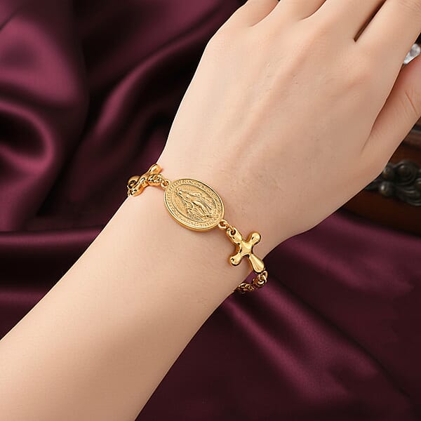Miraculous Medal Bolo Bracelet With Cross Charm In ION Plated YG Stainless Steel (6-9In)