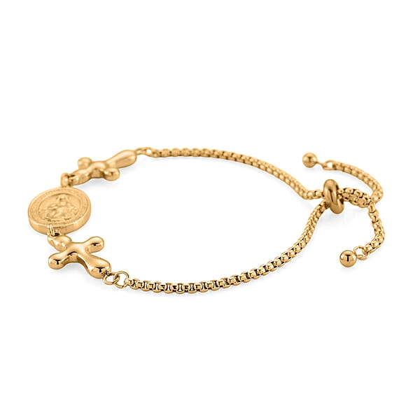 Miraculous Medal Bolo Bracelet With Cross Charm In ION Plated YG Stainless Steel (6-9In)