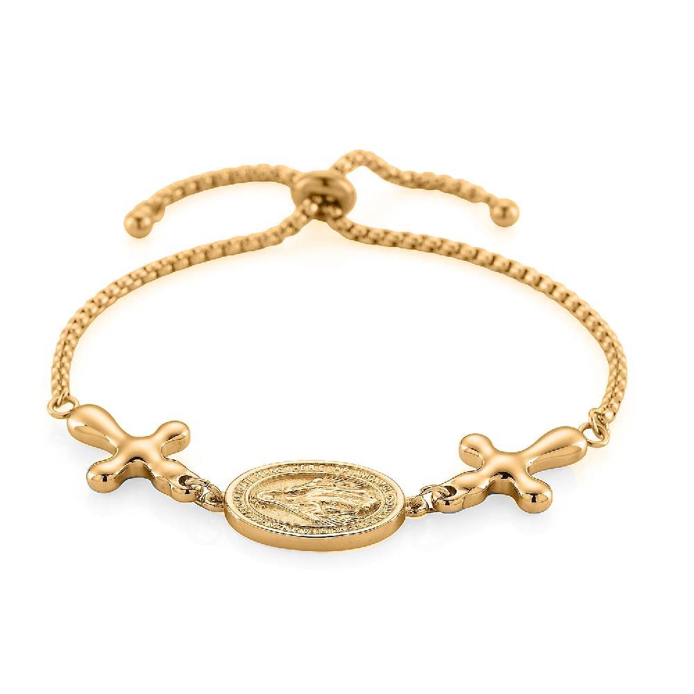 Miraculous Medal Bolo Bracelet with Cross Charm in ION Plated YG Stainless Steel (6-9In)