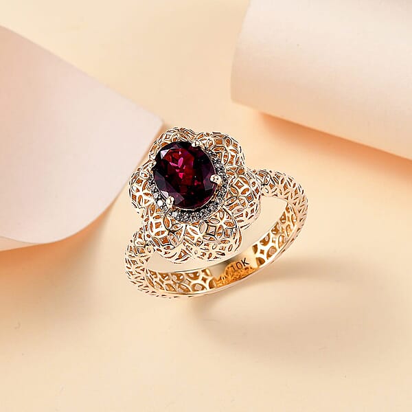 Mirage Collection AAA Radiant Ember Garnet And Natural Champagne Diamond 1.50 Ctw Vintage Floral Filigree Ring In 10K Yellow Gold