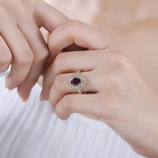 Mirage Collection AAA Radiant Ember Garnet And Natural Champagne Diamond 1.50 Ctw Vintage Floral Filigree Ring In 10K Yellow Gold