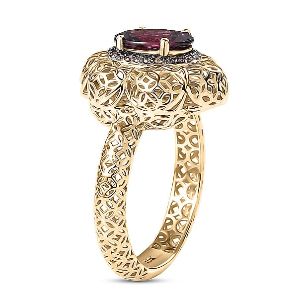 Mirage Collection AAA Radiant Ember Garnet And Natural Champagne Diamond 1.50 Ctw Vintage Floral Filigree Ring In 10K Yellow Gold