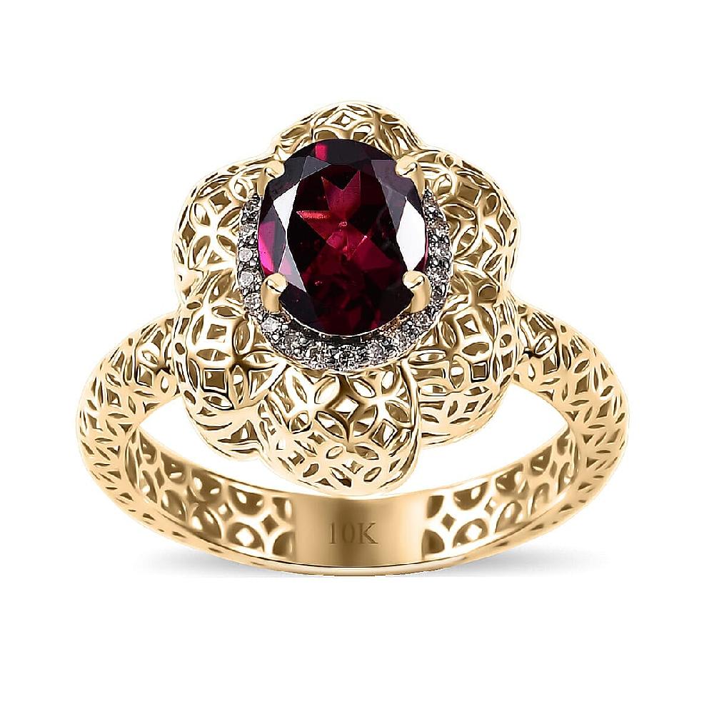 Mirage Collection AAA Radiant Ember Garnet and Natural Champagne Diamond 1.50 ctw Vintage Floral Filigree Ring in 10K Yellow Gold
