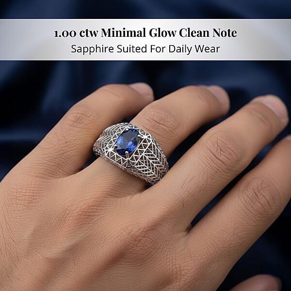 Mirage Collection Ceylon Blue Sapphire Mens Ring In 10K White Gold 1.00 Ctw