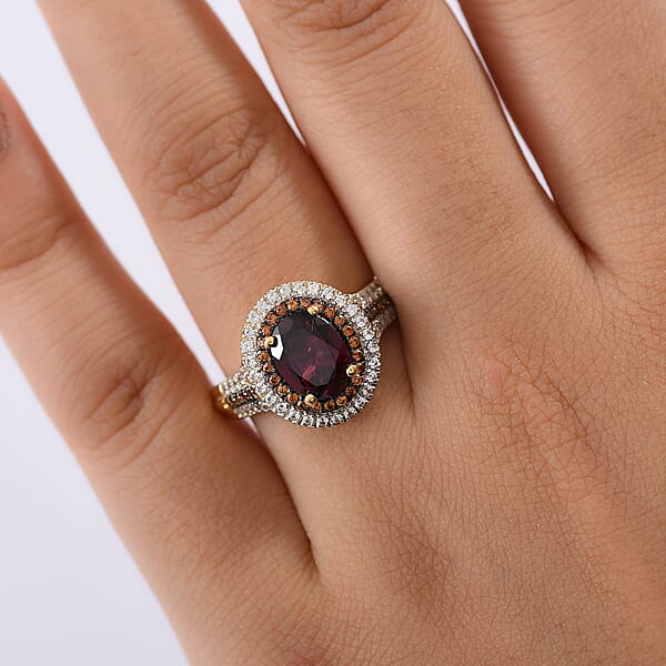 Mirage Collection Premium Tanzanian Wine Garnet And SI2 Natural Champagne Diamond 2.40 Ctw Twilight Crown Ring In 10K Yellow Gold