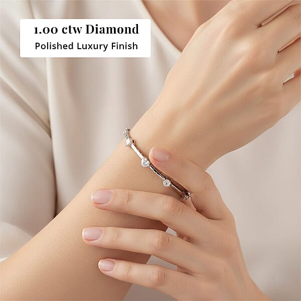 Modani E-F VS Diamond 1.00 Ctw 7 Inch Bangle Bracelet In 18K White Gold With Total Metal Weight (8.20 G) Including Titanium Spring Weight 0.60 G Diamond Jewelry Anniversary Gift For Her