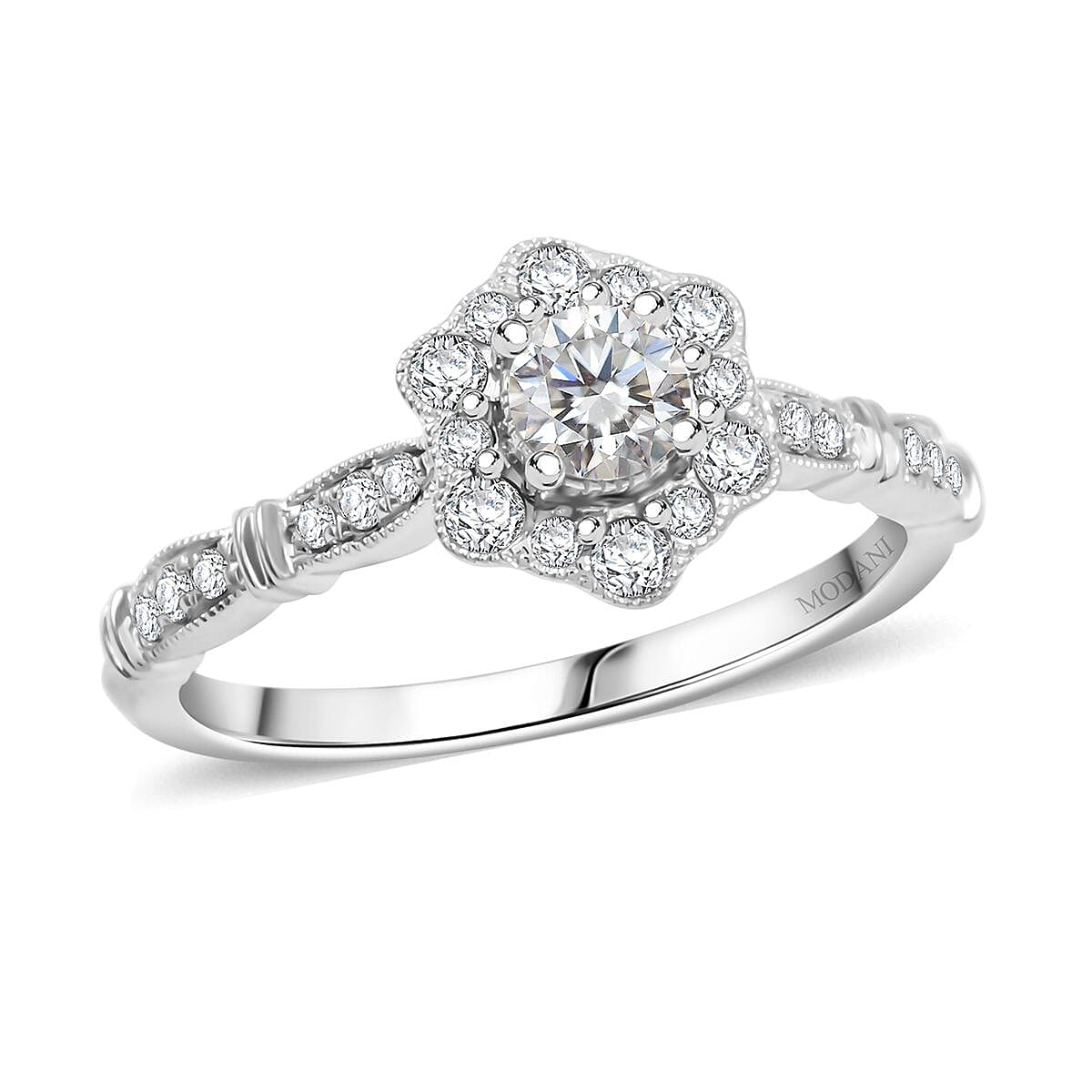 Modani G VVS1 White Diamond Vintage Floral Ring in 950 Platinum 0.54 ctw