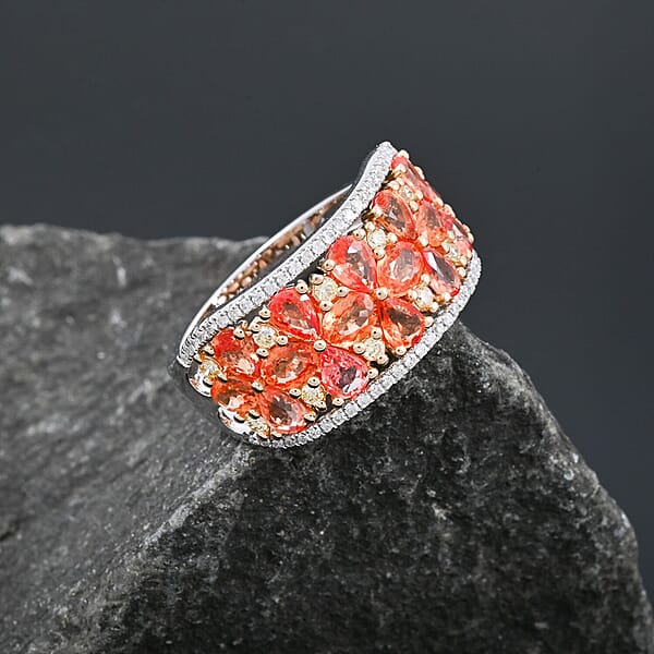 Modani Padparadscha Sapphire Natural Yellow And White Diamond Ring In 14K White And Yellow Gold 3.09 Ctw