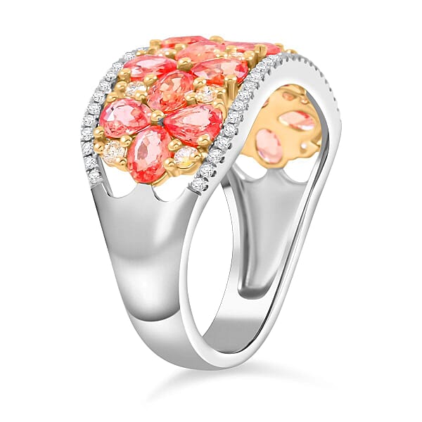 Modani Padparadscha Sapphire Natural Yellow And White Diamond Ring In 14K White And Yellow Gold 3.09 Ctw