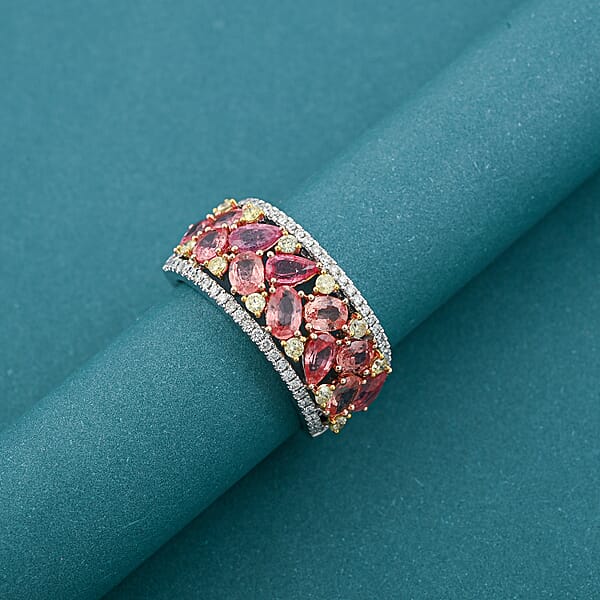 Modani Padparadscha Sapphire Natural Yellow And White DiamondRing In 14K Yellow White Gold 3.15 Ctw