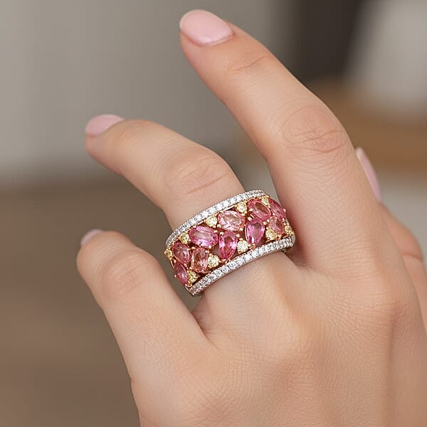 Modani Padparadscha Sapphire Natural Yellow And White DiamondRing In 14K Yellow White Gold 3.15 Ctw