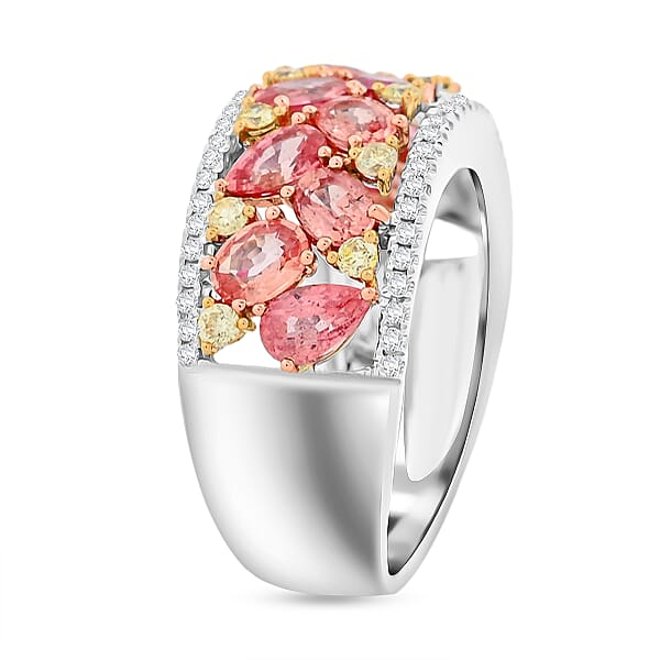 Modani Padparadscha Sapphire Natural Yellow And White DiamondRing In 14K Yellow White Gold 3.15 Ctw