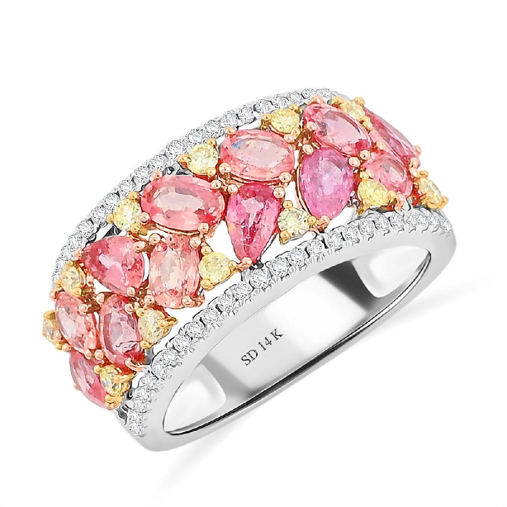Modani Padparadscha Sapphire Natural Yellow and White DiamondRing in 14K Yellow White Gold 3.15 ctw