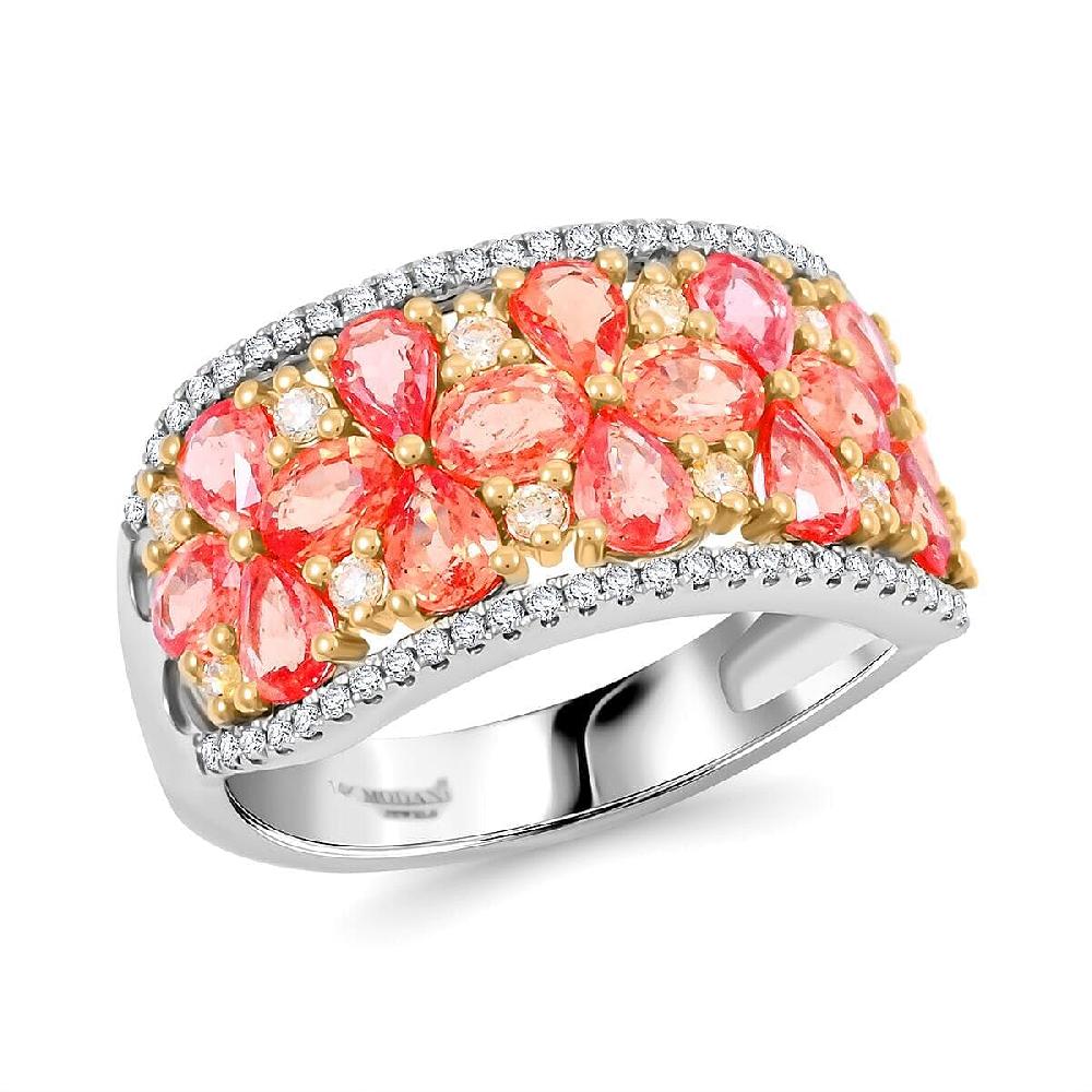 Modani Padparadscha Sapphire Natural Yellow And White Diamond Ring In 14K White And Yellow Gold 3.09 Ctw