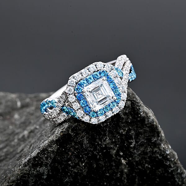 Modani White Diamond F VS And Paraiba Tourmaline 1.35 Ctw Ring In 950 Platinum 5.40 Grams