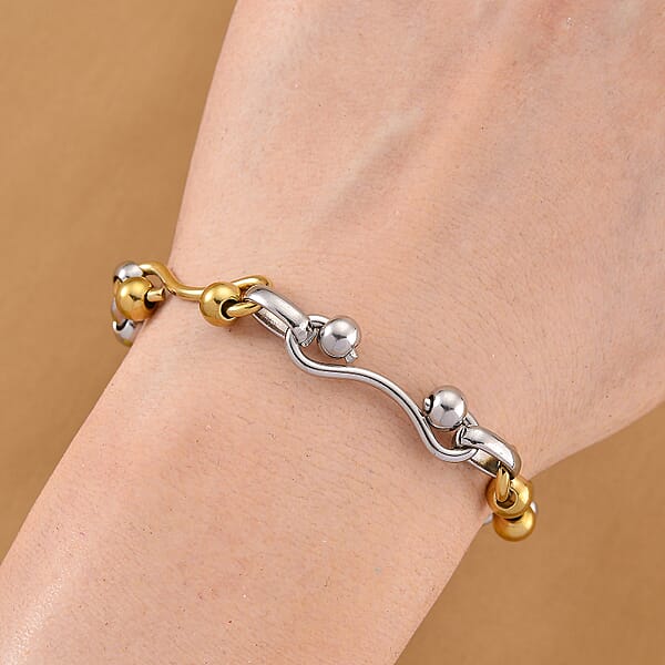 Modern Wave Link Chain Bracelet In ION Plated YG And Stainless Steel (7.00 In)