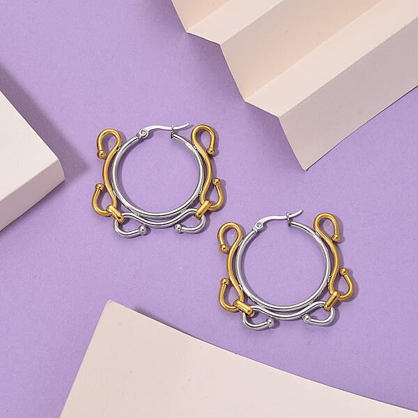 Modern Wave Link Hoop Earrings In ION Plated YG And Stainless Steel