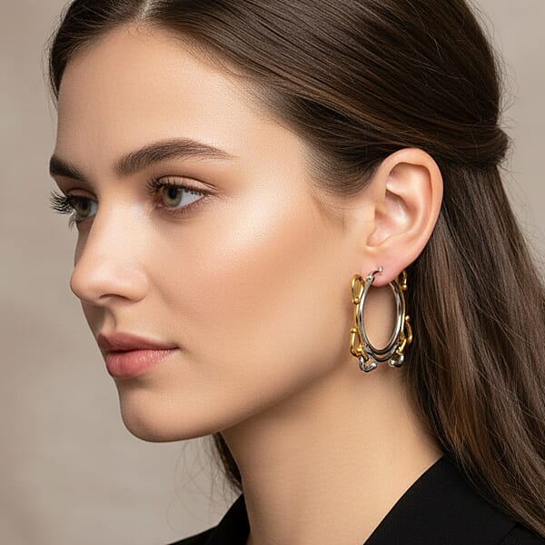 Modern Wave Link Hoop Earrings In ION Plated YG And Stainless Steel