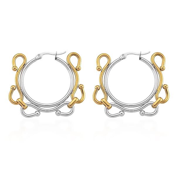 Modern Wave Link Hoop Earrings In ION Plated YG And Stainless Steel