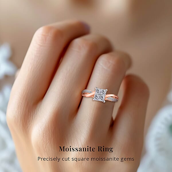 Moissanite 0.85 Ctw Ring In Rhodium And Vermeil Rose Gold Over Sterling Silver